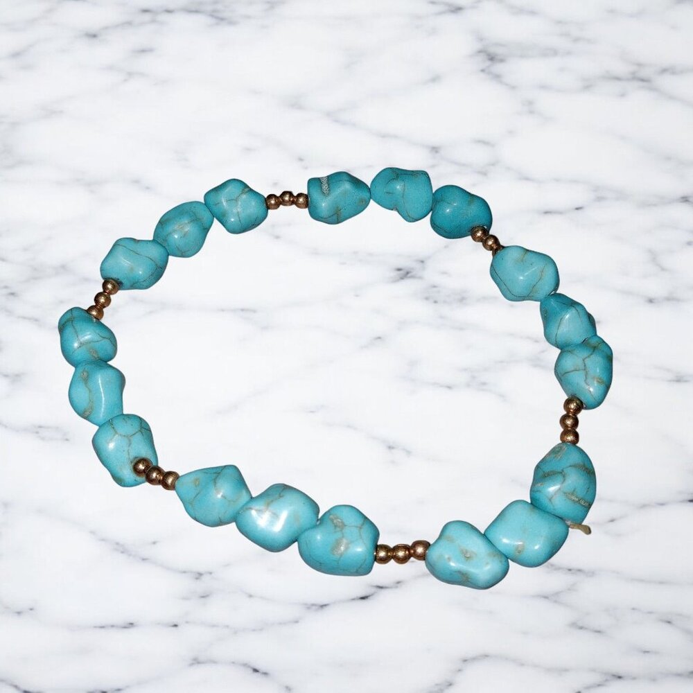 Vintage Boho Bead Bracelet Turquoise & Gold Nugget Stretch Statement Healing